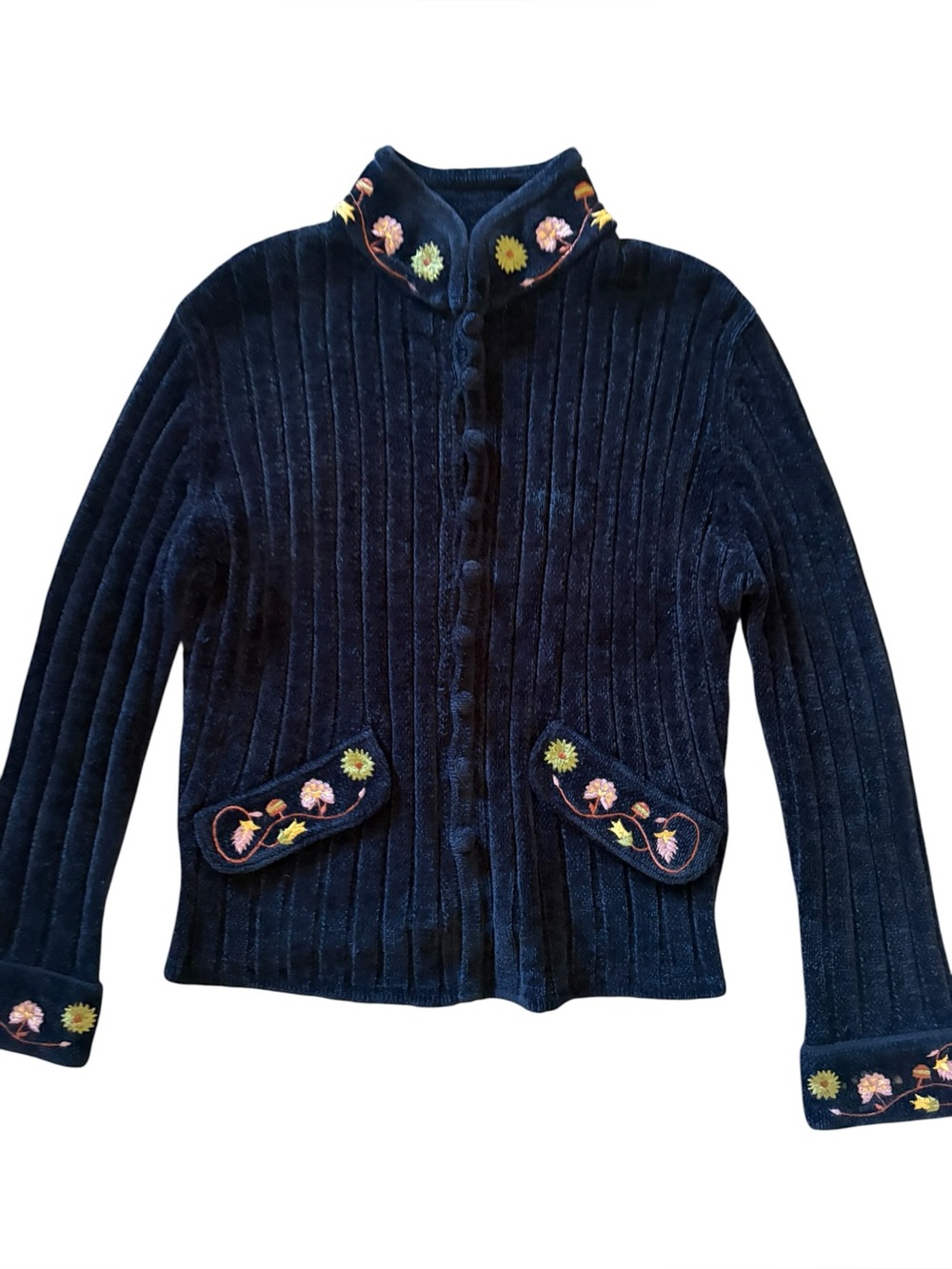 Vintage Lisa Nichols Cottagecore Chenille Knit Embroidered Cardigan Black Sz M